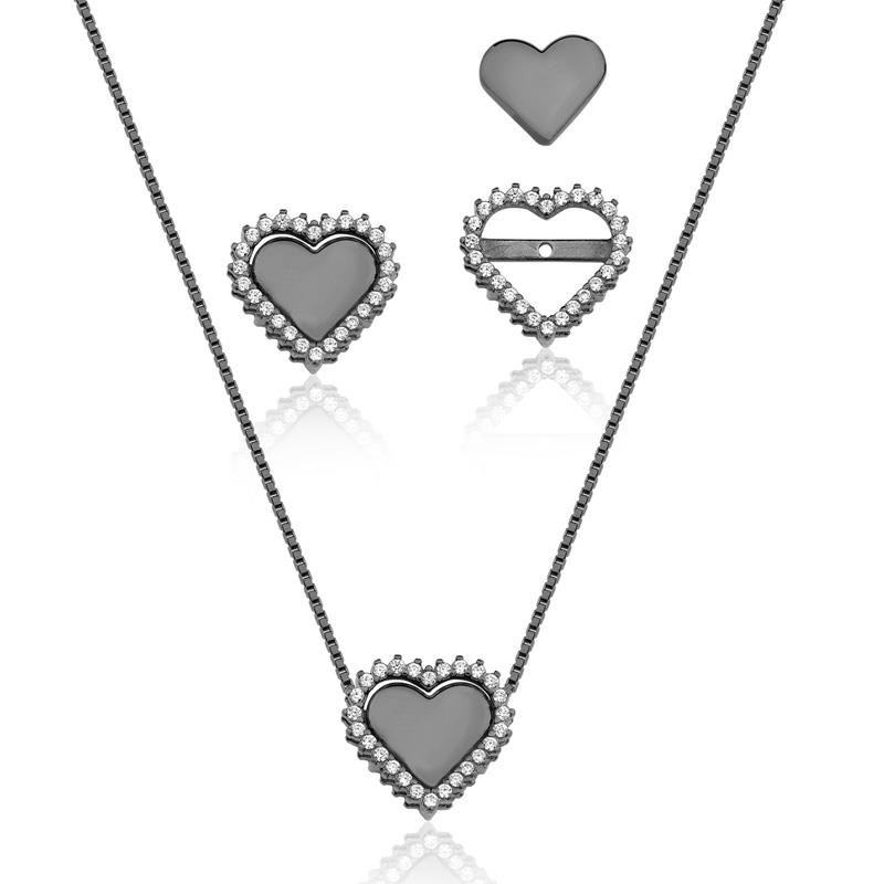 CONJUNTO CORAÇÃO SOBREPOSTO COM PEDRAS DE ZIRCÔNIA
