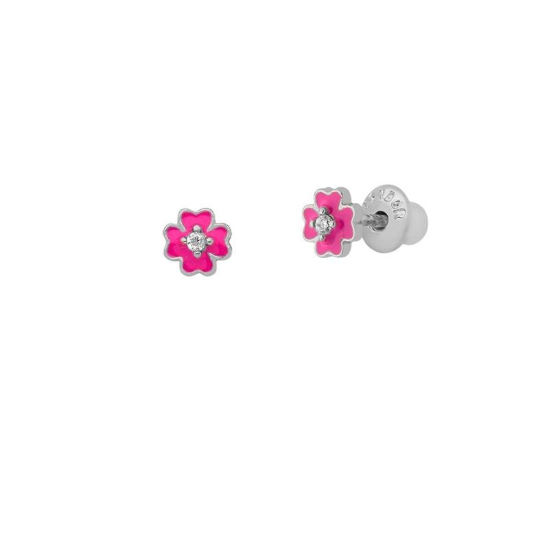 BRINCO FLOR COM PEDRA DE ZIRCÔNIA DETALHE EM RESINA ROSA PINK
