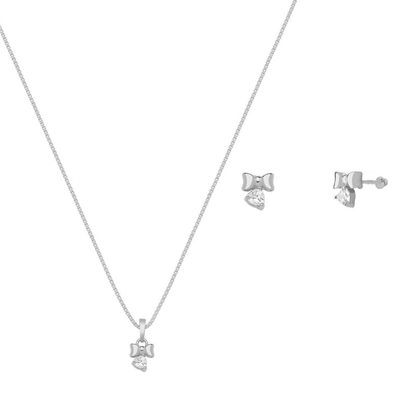 CONJUNTO LAÇO CORAÇÃO COM PEDRA DE ZIRCÔNIA