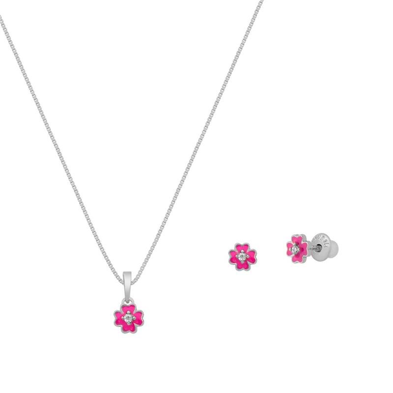 CONJUNTO FLOR COM PEDRA DE ZIRCÔNIA DETALHE COM ESMALTE ROSA PINK