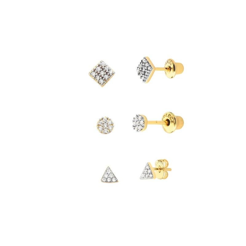 TRIO DE BRINCOS GEOMÉTRICOS COM PEDRAS DE ZIRCÔNIA