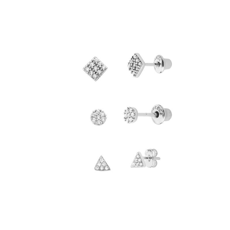 TRIO DE BRINCOS GEOMÉTRICOS COM PEDRAS DE ZIRCÔNIA