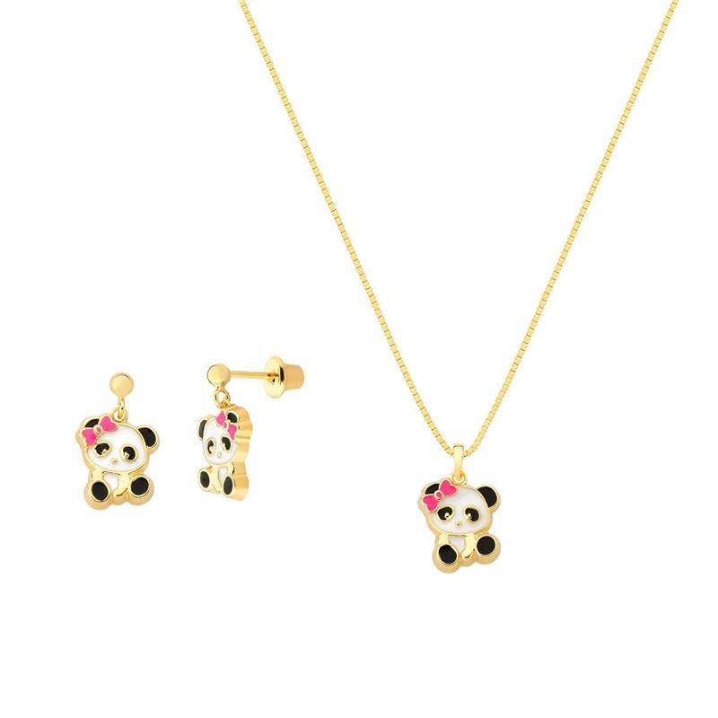 CONJUNTO PANDA COM LAÇO DETALHES COM ESMALTE COLORIDO