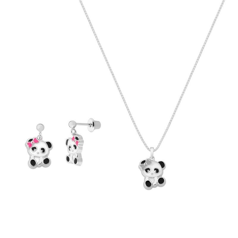 CONJUNTO PANDA COM LAÇO DETALHES COM ESMALTE COLORIDO