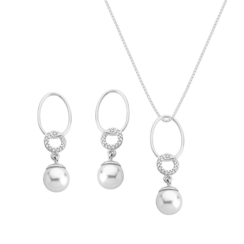 CONJUNTO CÍRCULO COM PÉROLA E PEDRAS DE ZIRCÔNIA