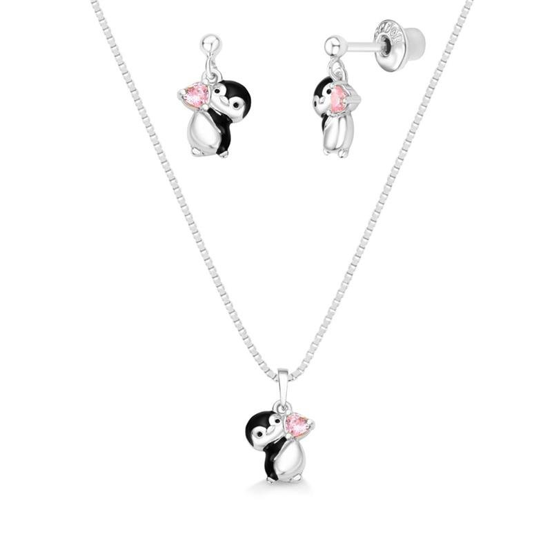 CONJUNTO PINGUIM CORAÇÃO COM PEDRA PINK STAR